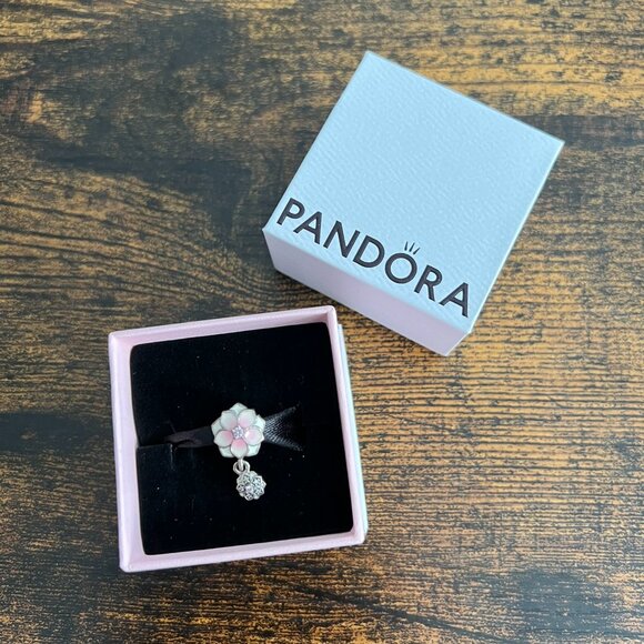 Pandora Silver Magnolia Bloom Enamel CZ Dangle charm 792077PCZ - NEW - Picture 2 of 6